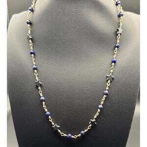 Silver Toned Blue Beaded Star Necklace